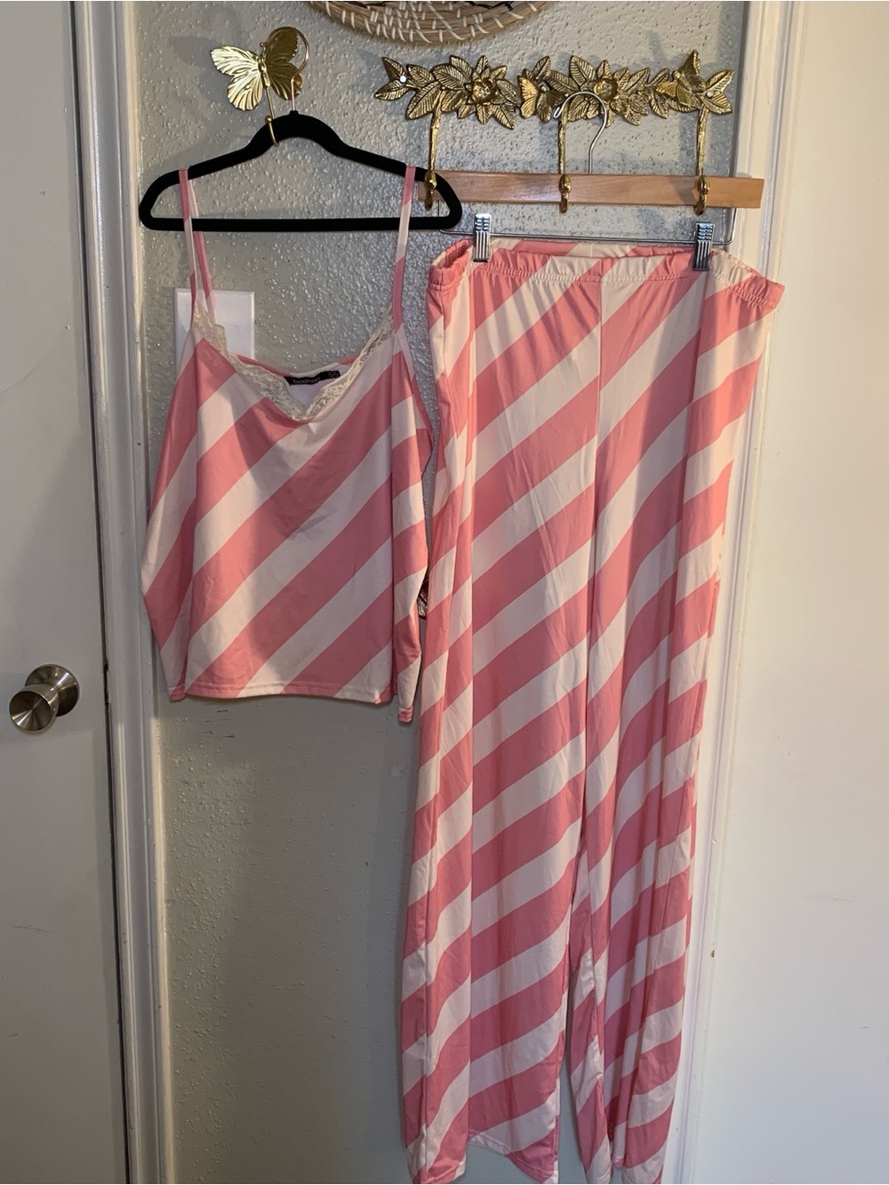 Boohoo Pink & White Striped Satin Cami and Pajama Pants Set